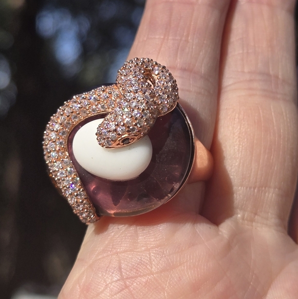 White Sapphire Black Onyx Blown Glass Sterling & Gold Snake Statement Ring Sz8.7 - Picture 6 of 13